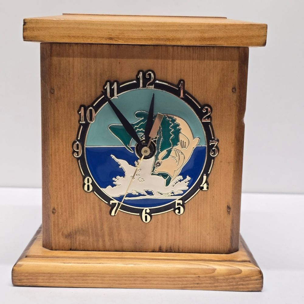 Wooden Mantel Desk Fish Clock Vintage 80s